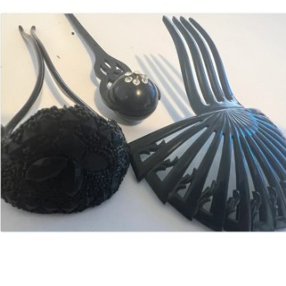 Antique Vintage Lot of Three (3) Celluloid Hair Combs Solid Black